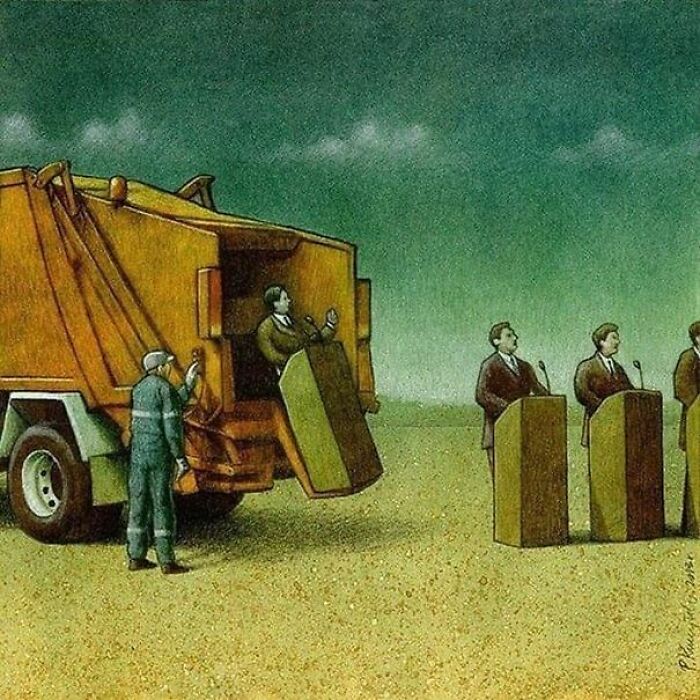 Satirical illustration depicting modern society: politicians emerge from a garbage truck to speak at podiums.