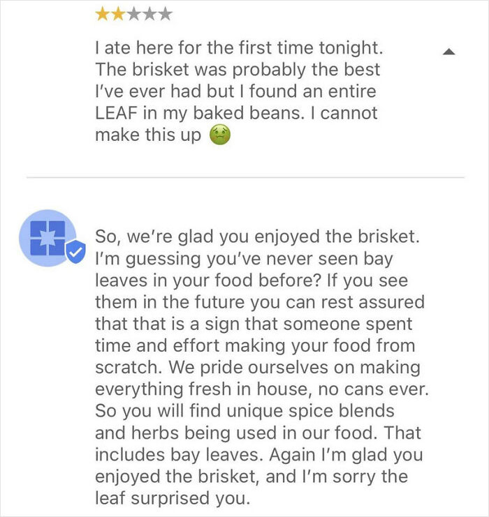 A restaurant review complaining about a bay leaf in beans, demonstrating a stupid American's culinary ignorance.