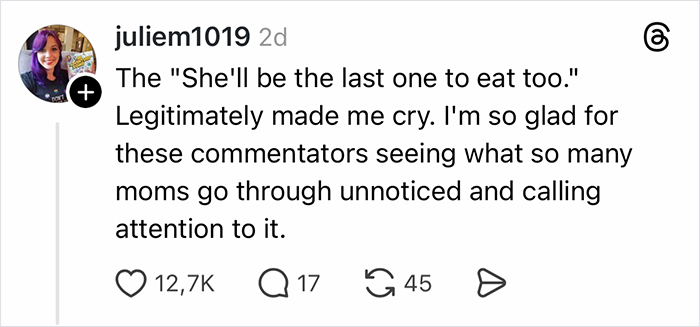 Comment appreciating commentators highlighting moms' unnoticed struggles
