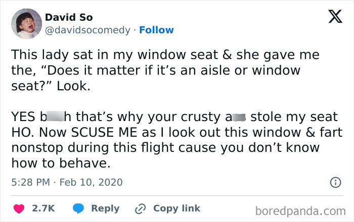 A social media post about entitled people taking someone else’s window seat on a plane.