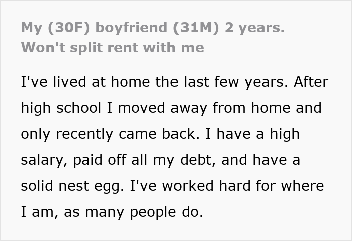 Reddit post detailing how a jobless bf won't split rent with his partner.