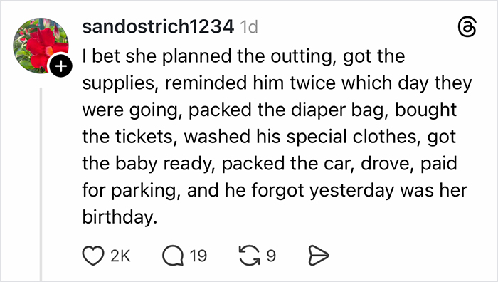 Comment blaming mom for planning outing and dad forgetting her birthday