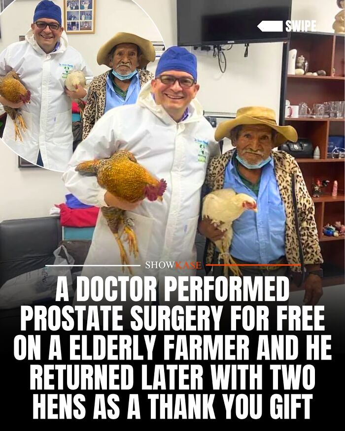 Wholesome stories: A happy doctor holds a hen gifted by a grateful patient.