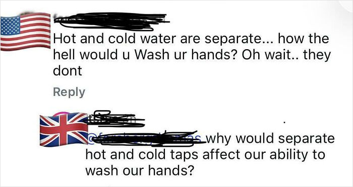 A comment section discussing hot and cold water taps, with an American user's comment highlighting perceived stupidity of Americans.