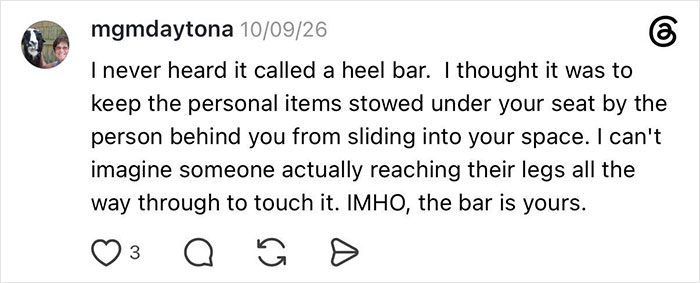 Entitled man kicks woman's seat, a user comments on the purpose of the heel bar under the seat.