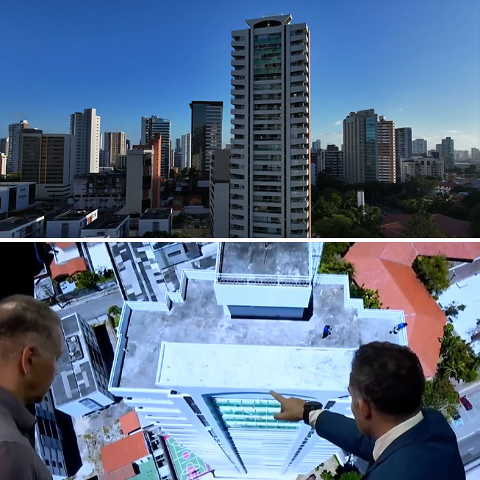 High-rise apartment building and a top-down view of its roof High-rise apartment building and a top-down view of its roof