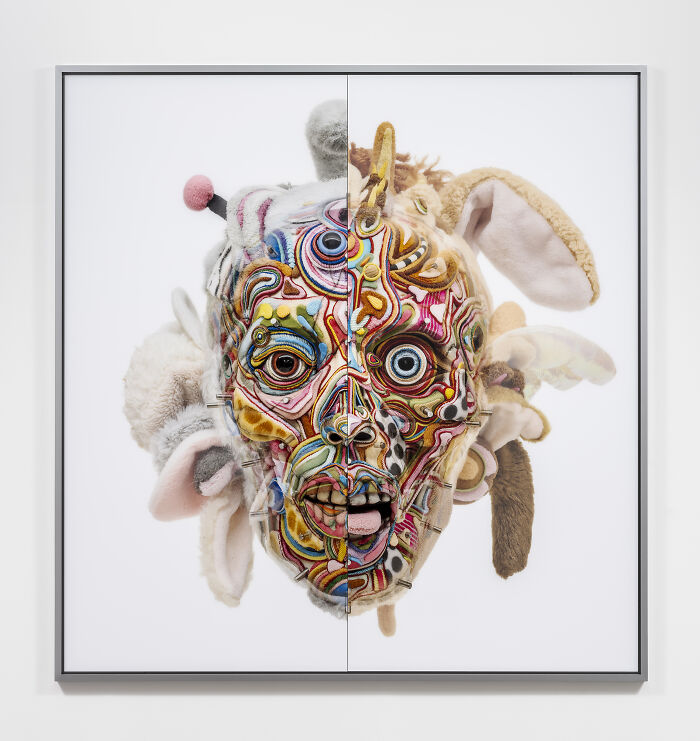 A split-face artwork displaying unusual sculptures combining knitted details with soft plush animal ears