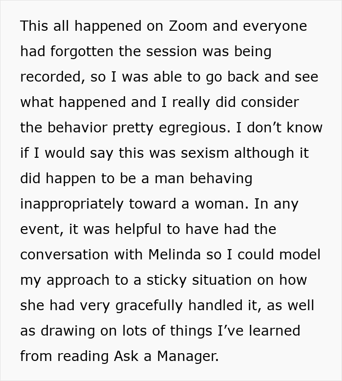 Black text on white discussing gender-biased boss behavior during a recorded Zoom meeting Black text on white discussing gender-biased boss behavior during a recorded Zoom meeting