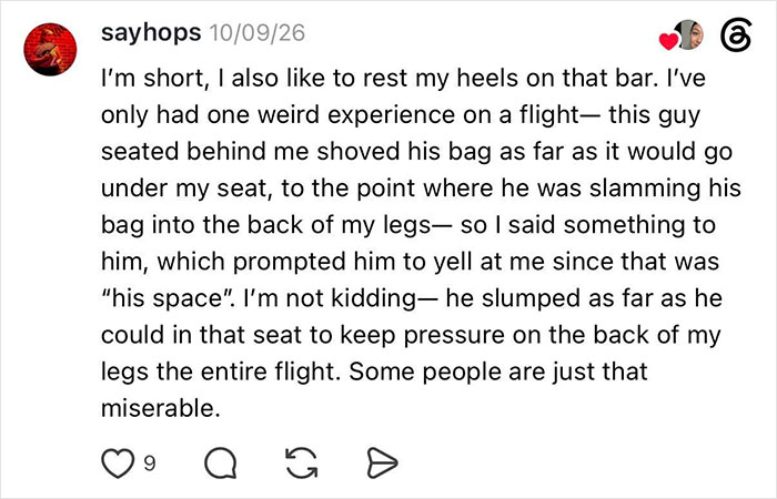 A social media post details a woman getting kicked under her seat by an entitled man claiming the space as his.