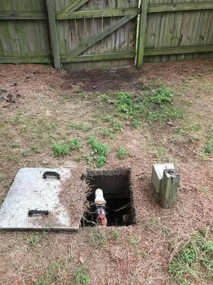 An open utility hatch in a yard that looks like a pixelated video game hole, creating an optical illusion.