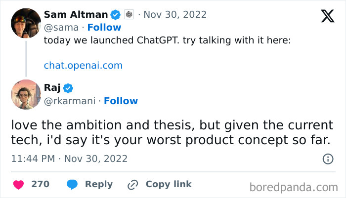 A tweet from Sam Altman announcing ChatGPT, with a reply that critiques the product, showing words aging over time.