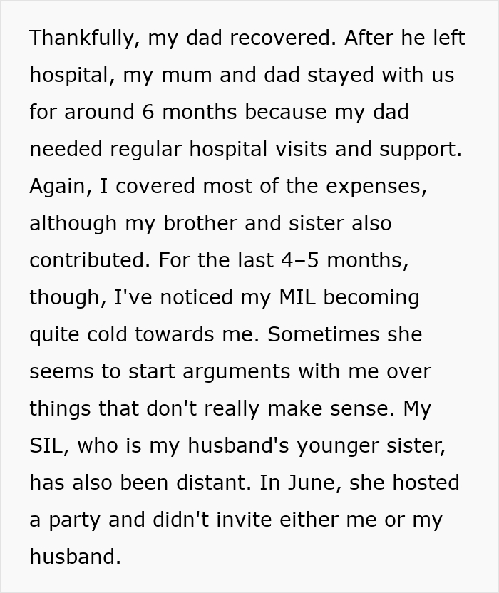 Text about a father's recovery and MIL becoming cold, revealing her anger.
