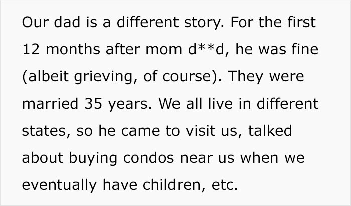 Text detailing the initial 12 months of a widowed dad after his wife's passing, before remarriage. Text detailing the initial 12 months of a widowed dad after his wife's passing, before remarriage.
