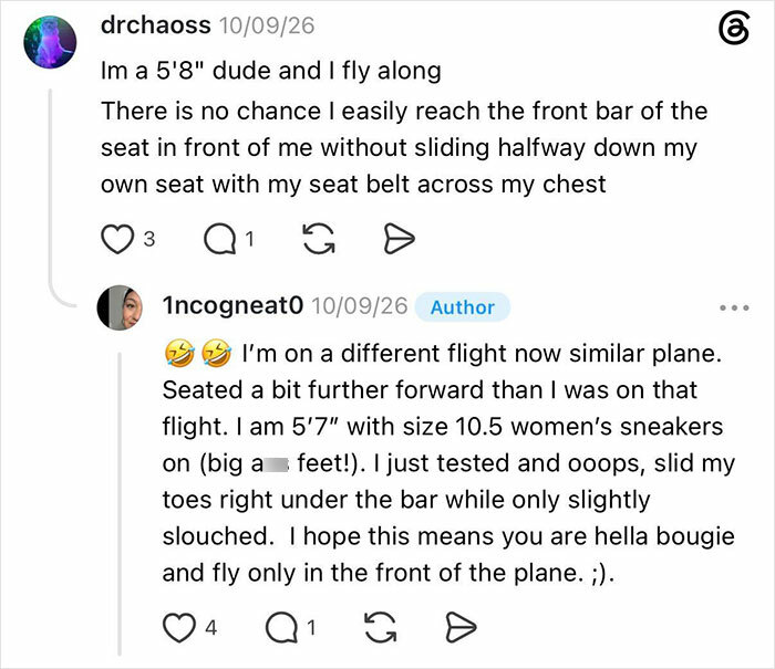 Entitled man kicks woman's seat, she details her flight experience and seat position.