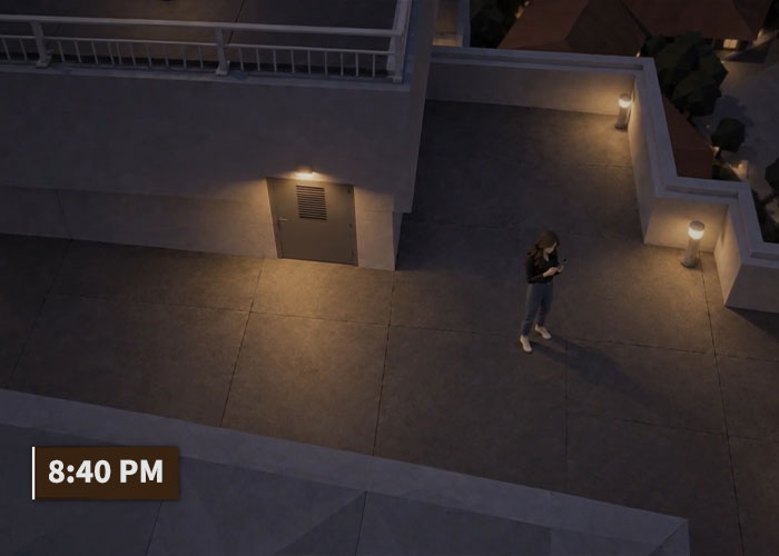Dating her boss story: security image of a woman alone on a rooftop terrace at 8:40 PM Dating her boss story: security image of a woman alone on a rooftop terrace at 8:40 PM
