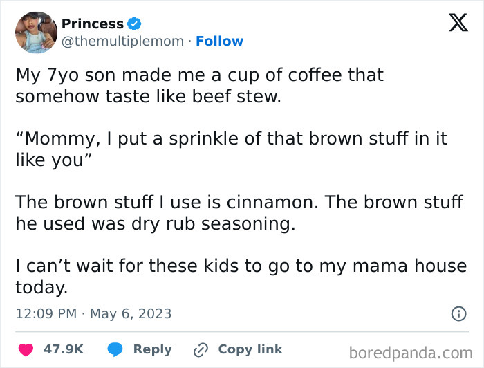 A tweet about mischievous kids, where a child makes coffee that tastes like beef stew due to wrong seasoning.
