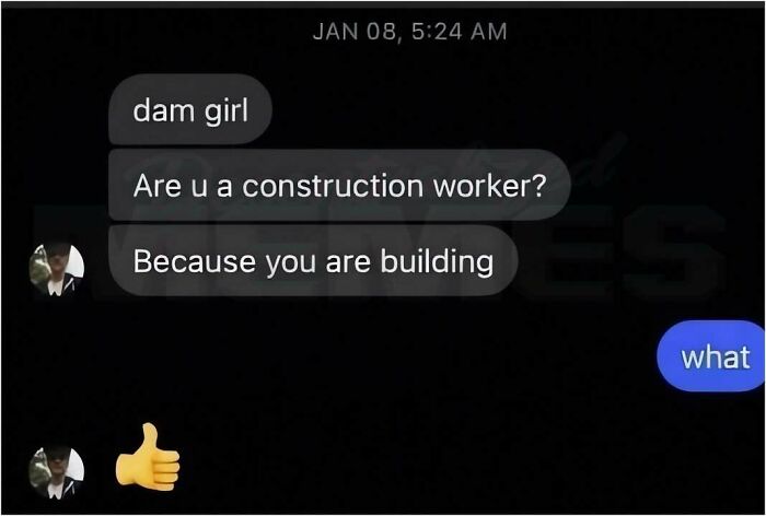 A hilarious meme showing a text message conversation with a cheesy pickup line, generating new pics of memes.