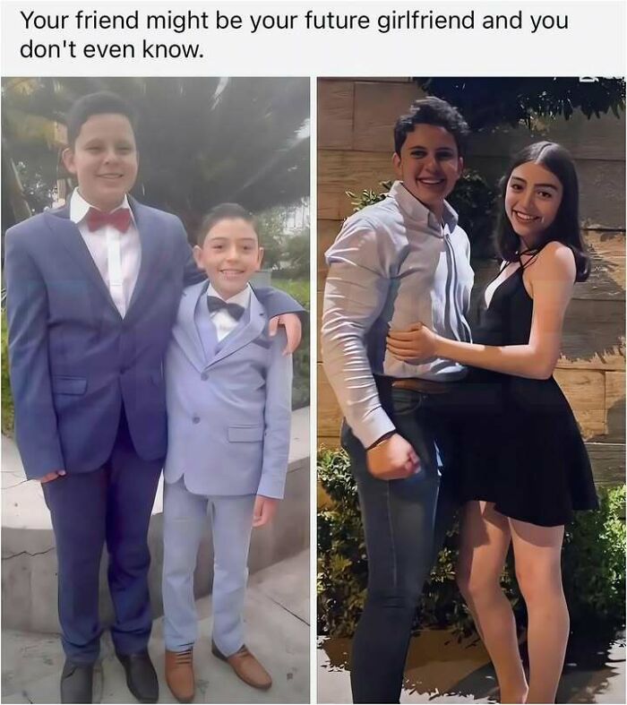 A funny meme of two young boys transforming into an adult couple, highlighting humorous memes.