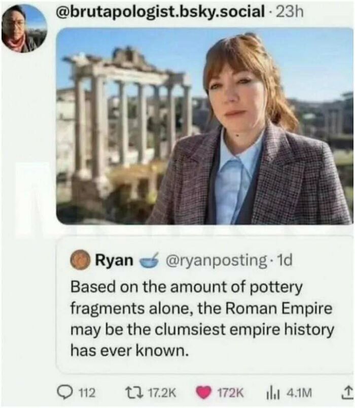 A social media post with a meme about the Roman Empire and pottery fragments.