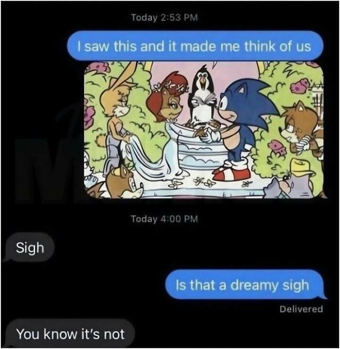 Funny meme of text messages about a Sonic the Hedgehog wedding drawing.