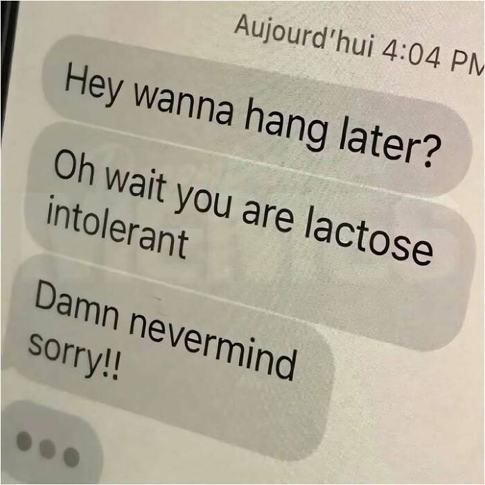 Hilarious meme text message about lactose intolerance.