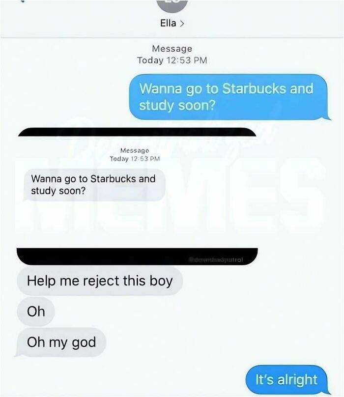 A phone screen displays a text message exchange where someone asks a girl to study, and she asks for help to reject him. Hilarious memes about dating.