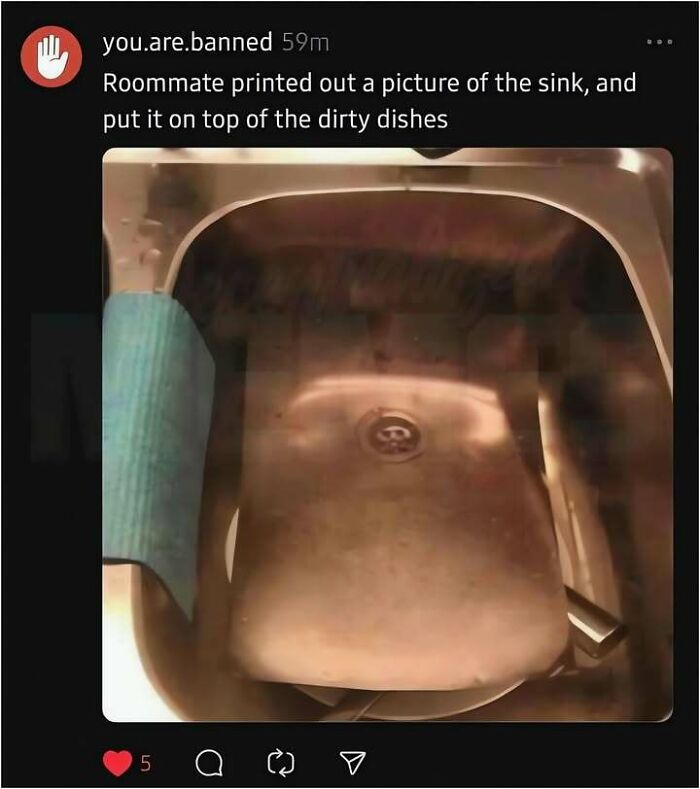 A funny meme showing a printed picture of a sink placed on dirty dishes in a real sink.