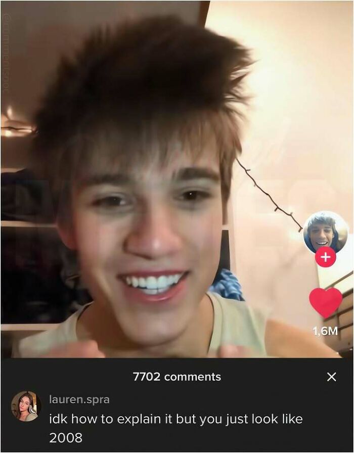 A hilariouus meme of a smiling person with spiky hair and a funny comment about looking like 2008.