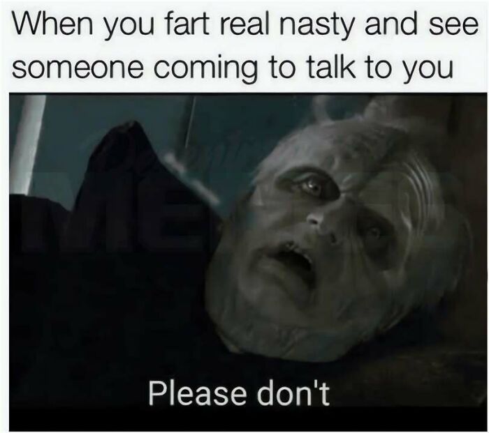 A relatable meme of a scared character saying 'Please don't' after a funny fart.