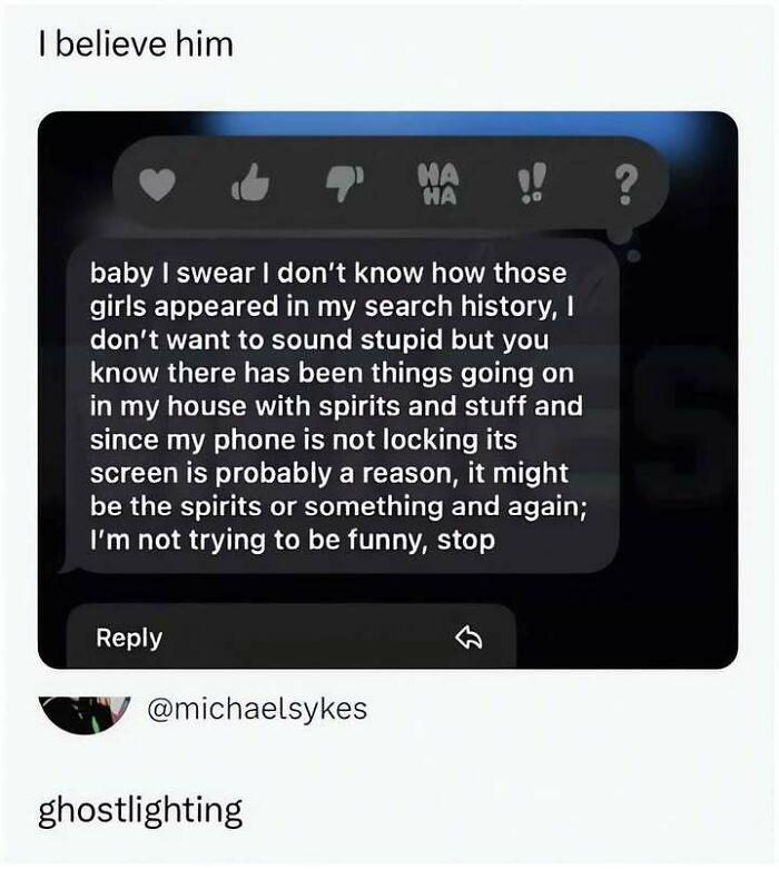 A text message meme where someone explains suspicious search history by blaming spirits and a phone issue.
