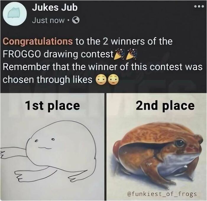A hilarious meme showing a Jukes Jub post about FROGGO drawing contest winners, with a simple drawing in 1st and a realistic frog in 2nd.