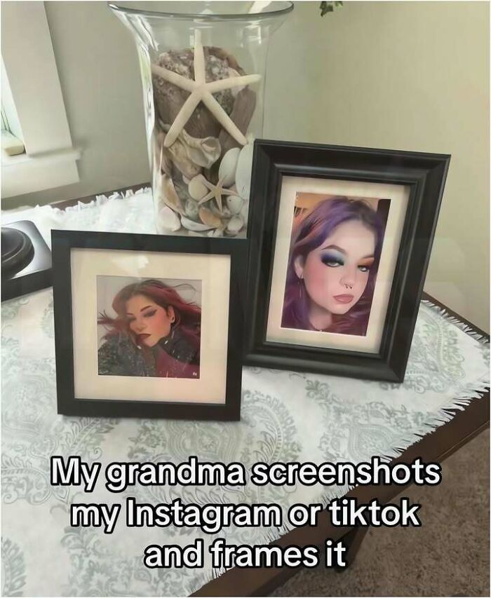 A funny meme of framed photos on a table, explaining a grandma frames TikTok screenshots.