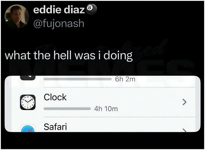 A phone screenshot showing app usage with a clock at 4h 10m, a hilarious meme about lost time.