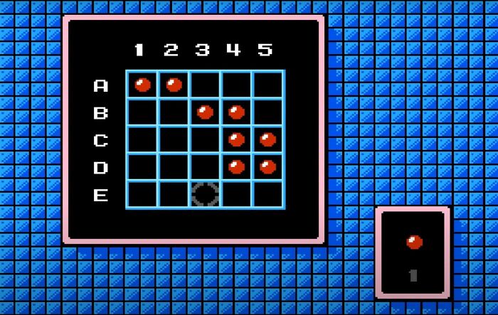 A pixelated battleship game screen on a retro tech console, capturing the '80s gaming aesthetic.