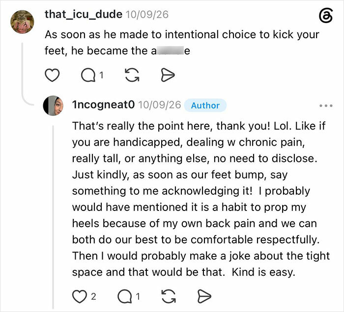An online comment from 'that_icu_dude' discusses the entitled man who kicked the woman under her seat.