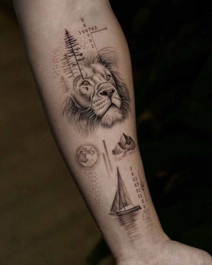Detailed lion and sailboat forearm tattoo with nature ink elements