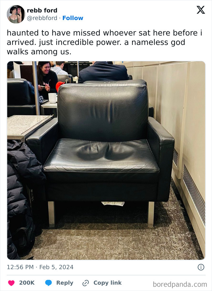 An unhinged image of a leather chair with deep indentations from a previous occupant, suggesting immense power.