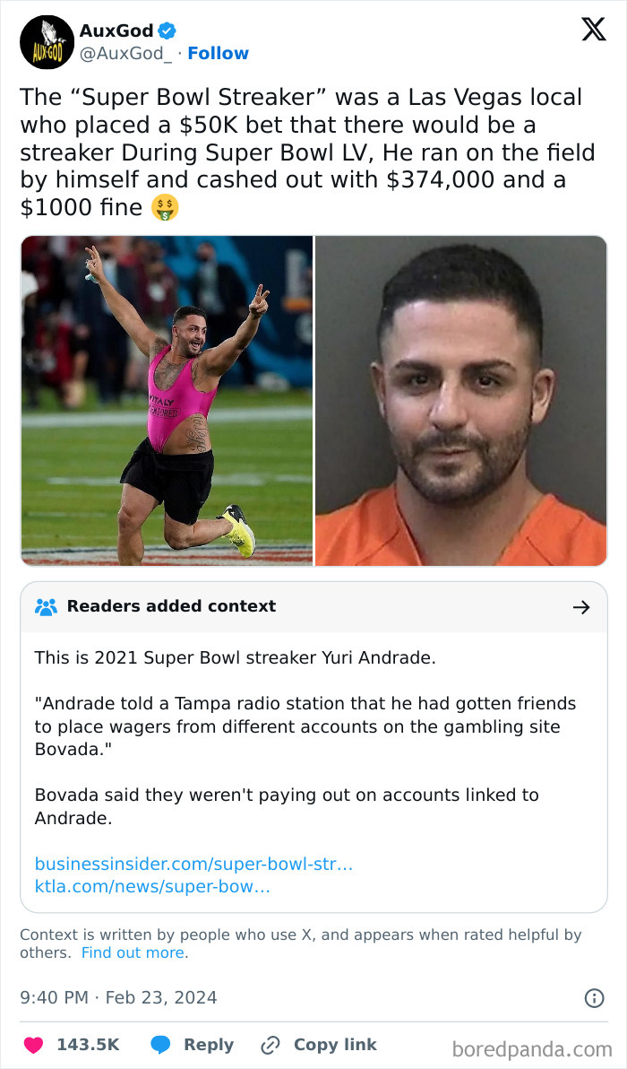 A tweet shows a man streaking at the Super Bowl and his mugshot, an example of Roses Are Red memes.