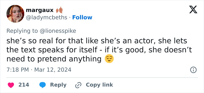 Screenshot of a social media comment praising the actress's red carpet response, igniting Hollywood debate. Screenshot of a social media comment praising the actress's red carpet response, igniting Hollywood debate.