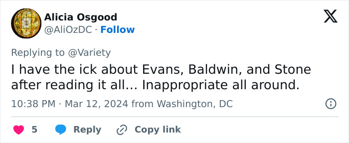 A tweet by Alicia Osgood discussing Billy Baldwin and others, mentioning the situation as inappropriate.