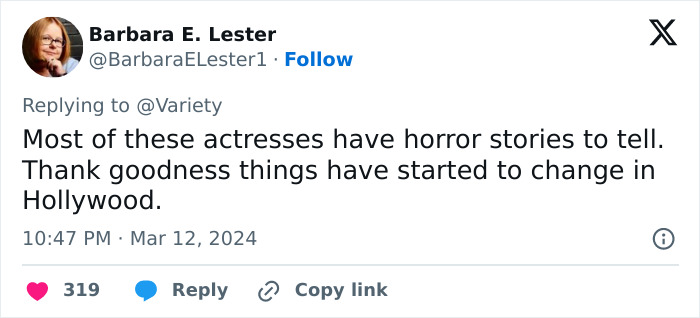 Tweet by Barbara E. Lester about Billy Baldwin refusing to kiss an A-List actress, discussing Hollywood changes.