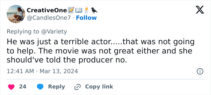 Tweet by CreativeOne on Billy Baldwin refusing to kiss an A-List actress, calling him a terrible actor.