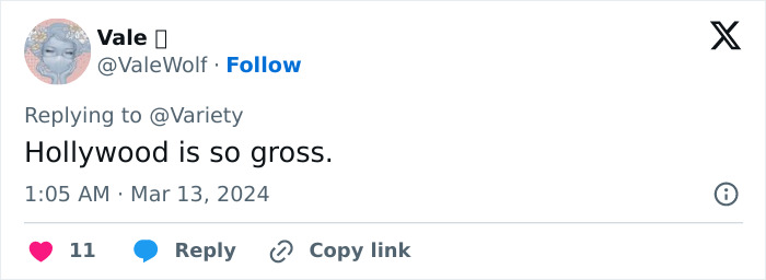 Tweet by Vale stating Hollywood is gross, related to Billy Baldwin refusing to kiss an A-List actress.