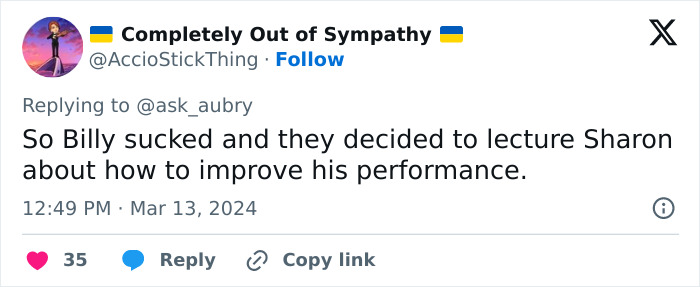 Twitter user @AccioStickThing discussing Billy Baldwin and an A-list actress in a tweet.