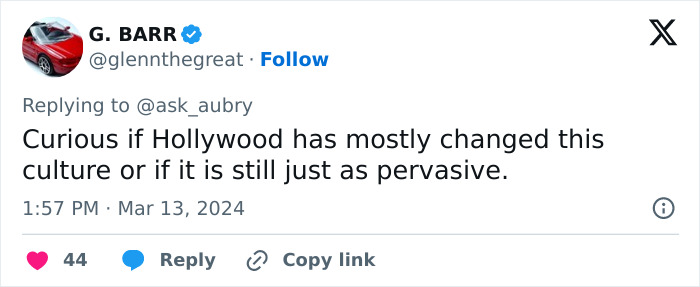 Tweet by G. Barr questioning Hollywood culture change after Billy Baldwin refused to kiss an A-List actress.