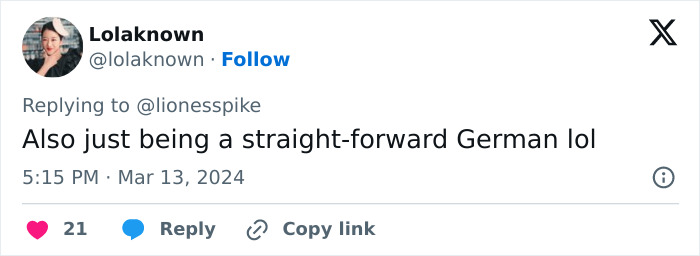 Screenshot of a social media comment on the actress's red carpet response, citing her German background. Screenshot of a social media comment on the actress's red carpet response, citing her German background.