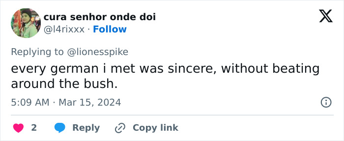 Actress red carpet response: A tweet states, 'every german i met was sincere, without beating around the bush.' Actress red carpet response: A tweet states, 'every german i met was sincere, without beating around the bush.'