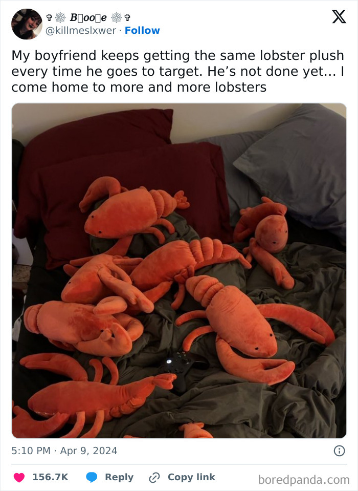 A bed covered with numerous lobster plush toys, an unhinged collection from repeated purchases.