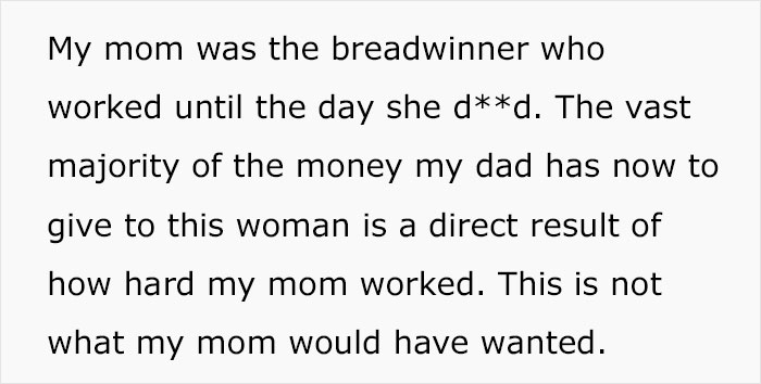 Text discussing how a widowed dad's new wife benefits from money earned by his deceased ex-wife. Text discussing how a widowed dad's new wife benefits from money earned by his deceased ex-wife.