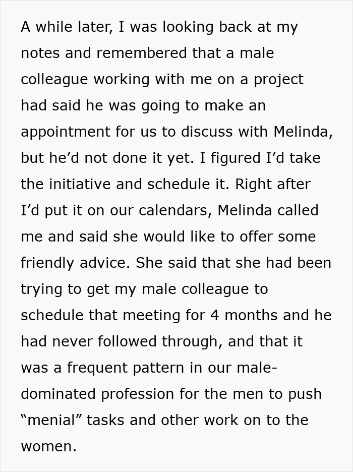 Black text describing a story of a gender-biased boss situation with scheduling tasks Black text describing a story of a gender-biased boss situation with scheduling tasks